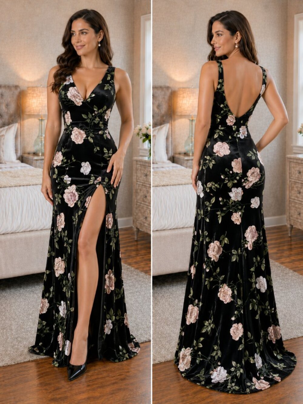 Jovani Black Velvet Floral Embroidered Formal Gown $495